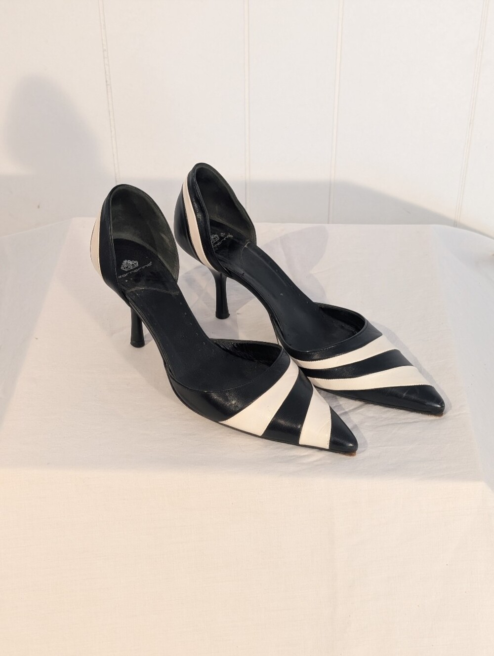 Black & White Striped Pointed D'Orsay Stiletto Heels